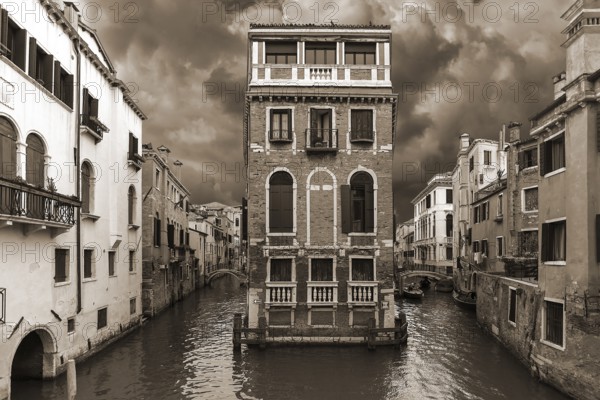 Historic Palazzo Tetta surrounded by canals, sepia, Venice, Veneto, Italy