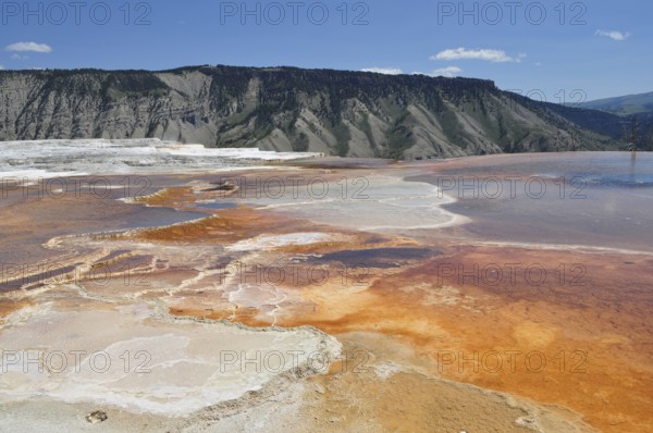 Hot springs with orange and white deposits against mountain backdrop, Yellowstone National Park, Wyoming, USA