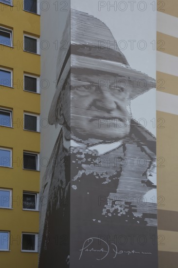Mural Gerhart Hauptmann by Thomas Stolz 2018 playwright, writer, graffiti, street art, black and white, linear, raster graphics, pixel graphics, high-rise building, Gerhart-Hauptmann-Straße, Niederursel, Frankfurt am Main, Hesse, Germany