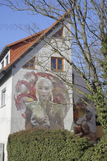 Mural Game of Thrones by CASE MacClaim 2016, Daenerys Targaryen with egg and dragon, ball, street art, graffiti, house facade, Bad Vilbel, Wetterau, Hesse, Germany