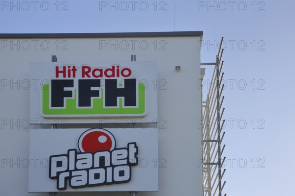 Hit Radio FFH building, inscription, radio station, emblem, planet, Bad Vilbel, Wetterau, Hesse, Germany