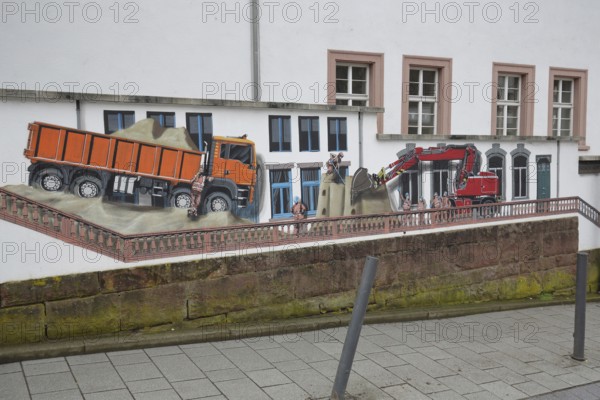 Mural construction by Jaune 2020, alleyway art, graffiti, excavator, dump truck, construction site, construction worker, construction site vehicle, road worker, stone wall, balustrade, stone wall, Baugasse, Bad Vilbel, Wetterau, Hesse, Germany