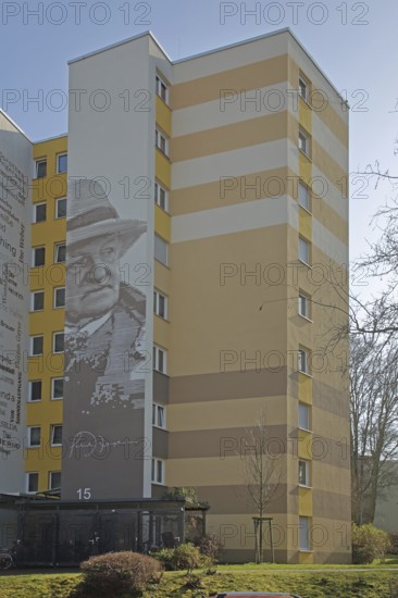Mural Gerhart Hauptmann by Thomas Stolz 2018, playwright, writer, graffiti, street art, black and white, line-shaped, raster graphics, pixel graphics, high-rise building, Gerhart-Hauptmann-Straße, Niederursel, Frankfurt am Main, Hesse, Germany