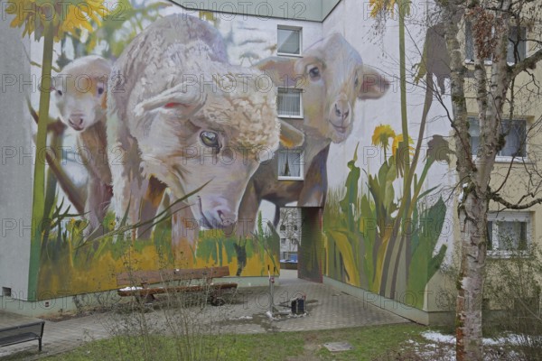 Mural sheep from CASE 2022, graffiti, street art, sheep figures, dandelions, meadow with yellow dandelions, willow, eating, oversized, XXL, building, Dotzheim, Wiesbaden, Taunus, Hesse, Germany