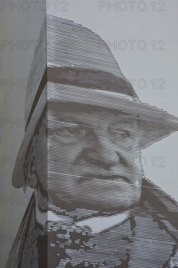 Mural Gerhart Hauptmann by Thomas Stolz 2018 playwright, writer, graffiti, street art, black and white, linear, raster graphics, pixel graphics, face, Gerhart-Hauptmann-Straße, Niederursel, Frankfurt am Main, Hesse, Germany