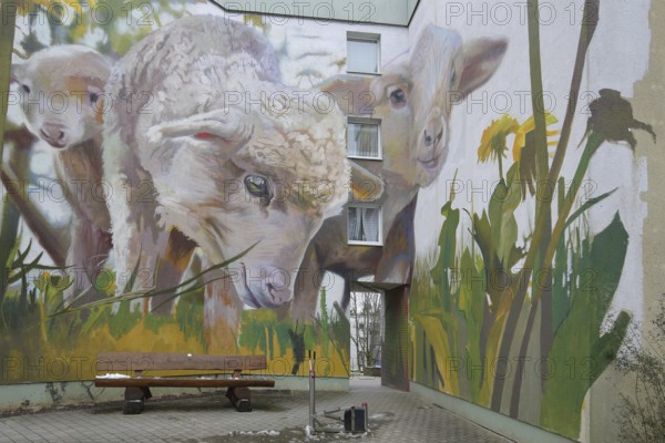 Mural sheep by CASE maClaim 2022, graffiti, street art, sheep figures, dandelion, meadow with yellow dandelions, willow, eating, oversized, XXL, building, Dotzheim, Wiesbaden, Taunus, Hesse, Germany