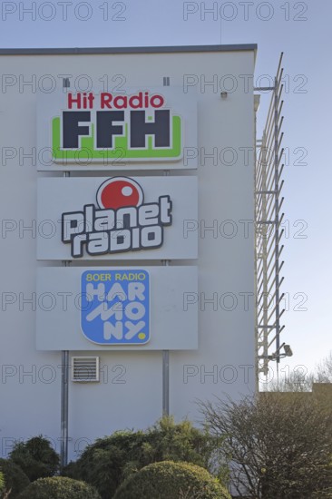 Hit Radio FFH building, inscription, radio station, emblem, planet, Bad Vilbel, Wetterau, Hesse, Germany