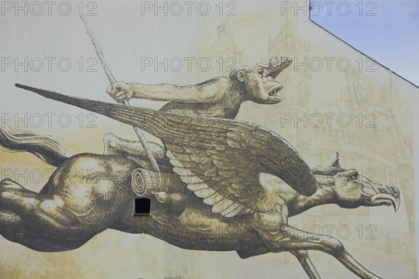 Mural Journey by Wild Drawing WD 2016, Meeting of Styles, MOS, street art, graffiti, horse with wing and beak and monkey as rider, mythical creature, equestrian figure, traveling, gallop, speed, monkey figure, chimpanzee, fantasy, house facade, Mainz-Kastel, Wiesbaden, Taunus, Hesse, Germany