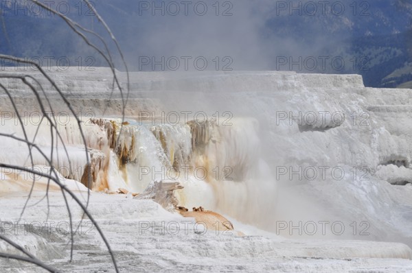 White volcanic deposits, rock formation with steaming waterfall, Yellowstone National Park, Wyoming, USA
