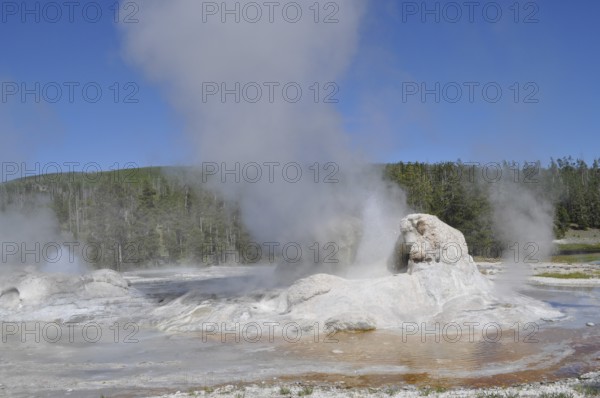 A geyser emits steam surrounded by rocks and natural landscape, Yellowstone National Park, Wyoming, USA