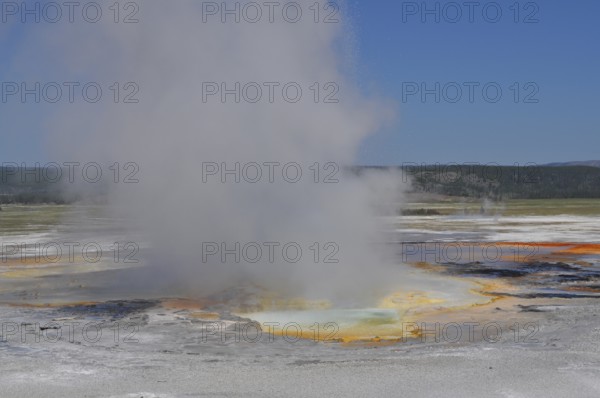 Colorful hot spring with steam under clear skies in a vast natural landscape, Yellowstone National Park, Wyoming, USA