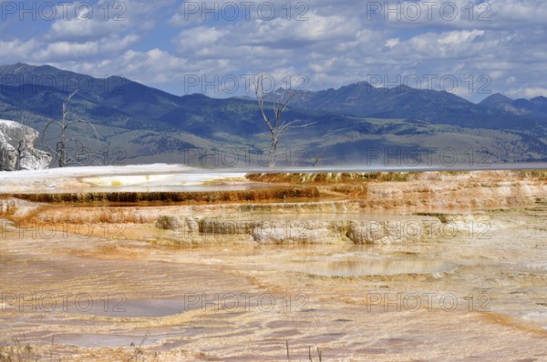 Wide views of hot springs with mountains in the background under cloudy sky, Yellowstone National Park, Wyoming, USA