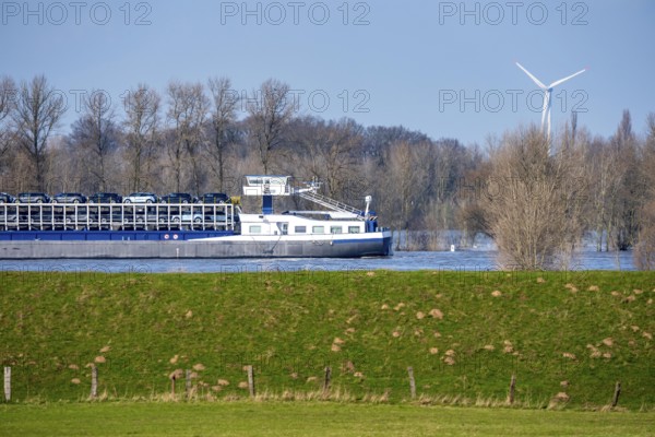 Floods on the Rhine, Lower Rhine near Xanten, Bislicher Insel altitude, water level at just under 8 meters, Rhine dike, do not normally see the Rhine ships from this perspective, vehicle freighter, North Rhine-Westphalia, Germany