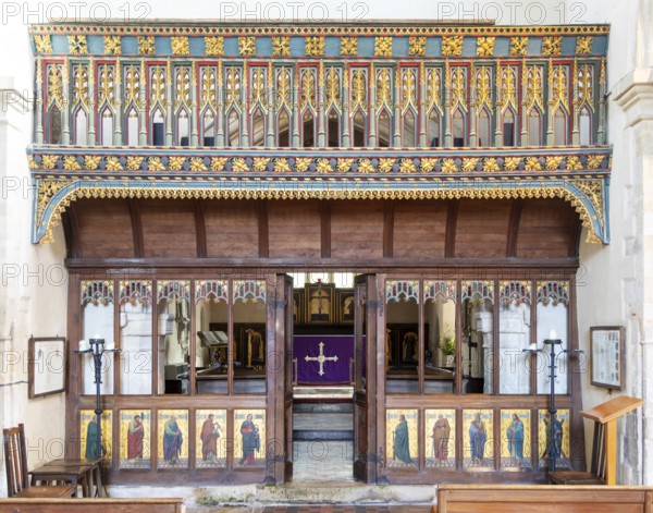 15th-century rood loft and rood screen inside village parish church of Saint James, Avebury, Wiltshire, England, UK