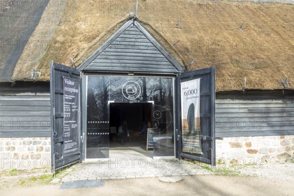 Visitor reception Great Barn entrance doorway, National Trust property, Avebury, Wiltshire, England, UK