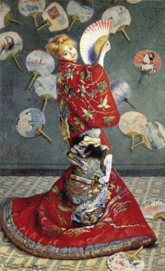 Claude Monet (b. 14 November 1840 in Paris as Oscar-Claude Monet, d. 5 December 1926) important French painter, Impressionist style. Here is his work, Camille Monet In Japanese Costume (1876), Camille Monet in Japanese Costume (1876), woman in colourful kimono with fans, in a room with Japanese influence