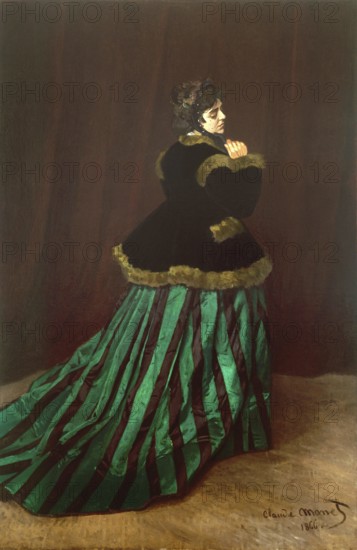 Claude Monet (b. 14 November 1840 in Paris as Oscar-Claude Monet, d. 5 December 1926) important French painter, Impressionist style. Here is his work, Camille The Woman in the Green Dress (1866), Camille The Woman in the Green Dress (1866), woman posing in an elegant Victorian dress against a dark background