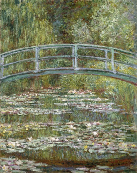 Claude Monet (b. 14 November 1840 in Paris as Oscar-Claude Monet, d. 5 December 1926) important French painter, Impressionist style. Here is his work, Bridge over a Pond of Water Lilies (1899), Bridge over a Pond with Water Lilies (1899), A Bridge over a Pond Covered with Water Lilies in a Garden