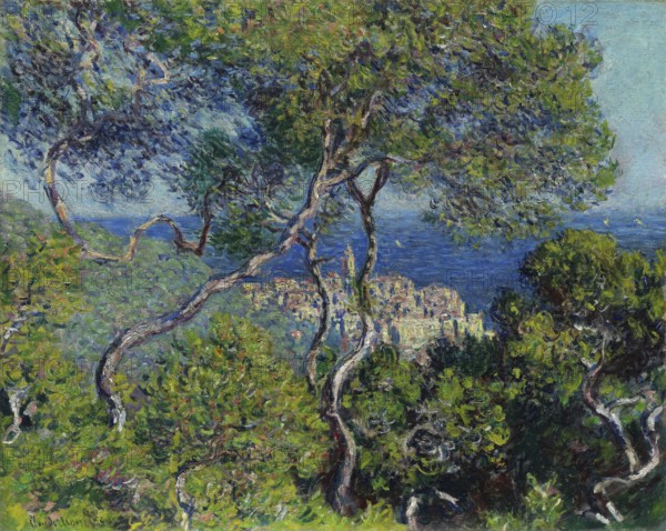 Claude Monet (b. 14 November 1840 in Paris as Oscar-Claude Monet, d. 5 December 1926) important French painter, Impressionist style. Here is his work, Bordighera (1884), seascape with view of coastal village behind pine trees