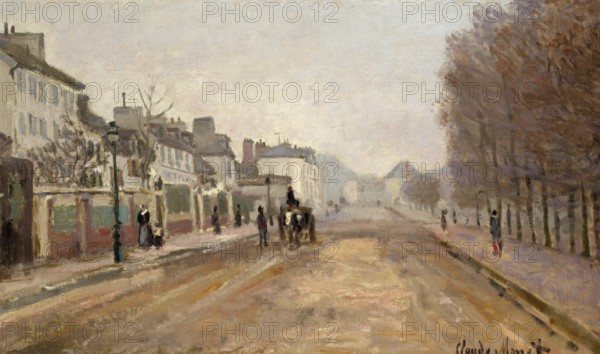 Claude Monet (b. 14 November 1840 in Paris as Oscar-Claude Monet, d. 5 December 1926) important French painter, Impressionist style. Here is his work, Boulevard Héloise, Argenteuil (1872), Urban street in winter with people and horse-drawn carriages in a misty atmosphere