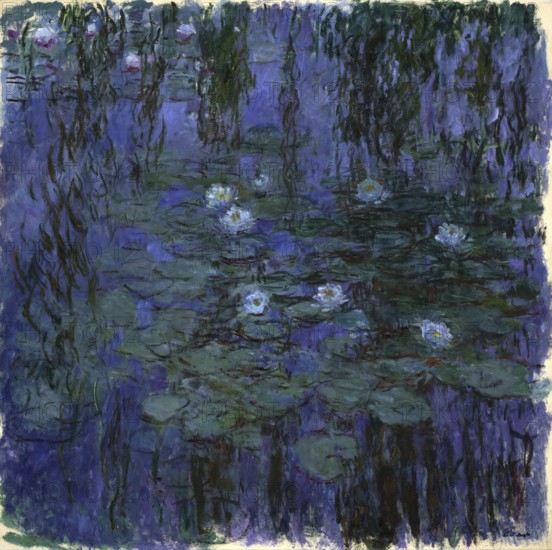 Claude Monet (b. 14 November 1840 in Paris as Oscar-Claude Monet, d. 5 December 1926) important French painter, Impressionist style. Here his work, Blue Water Lilies (1916, 1919), Blue Water Lilies (1916, Impressionist painting of a calm pond with water lilies in blue-green tones