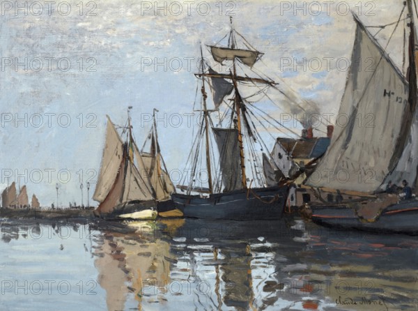 Claude Monet (b. 14 November 1840 in Paris as Oscar-Claude Monet, d. 5 December 1926) important French painter, Impressionist style. Here is his work, Bateaux dans le port de Honfleur (1866), Bateaux in the harbour of Honfleur (1866), Impressionist depiction of a harbour with several sailing ships and reflecting water
