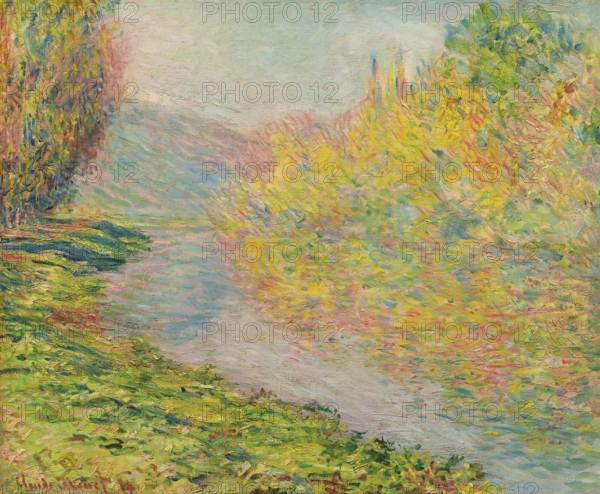 Claude Monet (b. 14 November 1840 in Paris as Oscar-Claude Monet, d. 5 December 1926) important French painter, Impressionist style. Here is his work, Autumn in Jeufosse (1884), Impressionist painting of a river surrounded by autumnal trees, the reflecting light creates a peaceful atmosphere