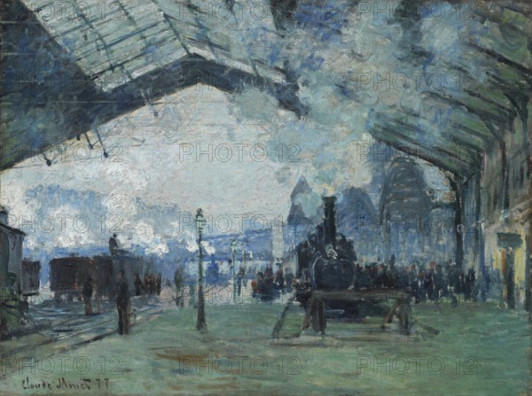 Claude Monet (b. 14 November 1840 in Paris as Oscar-Claude Monet, d. 5 December 1926) important French painter, Impressionist style. Here is his work, Arrival of the Normandy Train, Gare Saint-Lazare (1877), Arrival of the Normandy Train, A busy railway station in Impressionist style, with a train in the foreground and smoke pervading the scene
