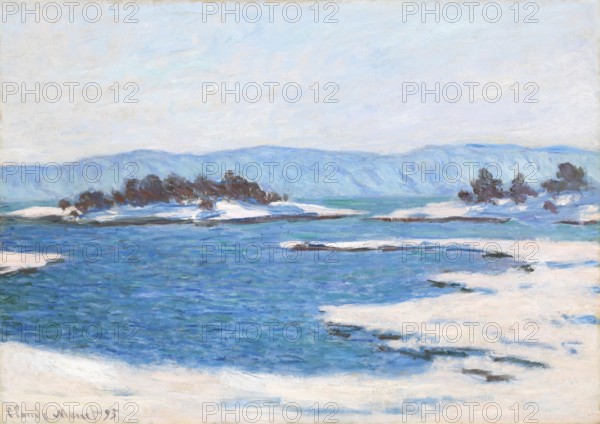 Claude Monet (b. 14 November 1840 in Paris as Oscar-Claude Monet, d. 5 December 1926) was an important French painter in the Impressionist style. Here is his work, By the Christiania Fjord (1895), On the shore of the Christiania Fjord, a snowy winter landscape with small islands in the water, depicted in the cold colours of Impressionism
