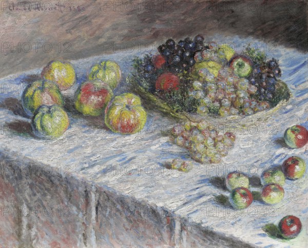Claude Monet (b. 14 November 1840 in Paris as Oscar-Claude Monet, d. 5 December 1926) important French painter, Impressionist style. Here is his work, Apples and Grapes (1880), A table with various fruits in an impressionist still life style, focussing on light and texture