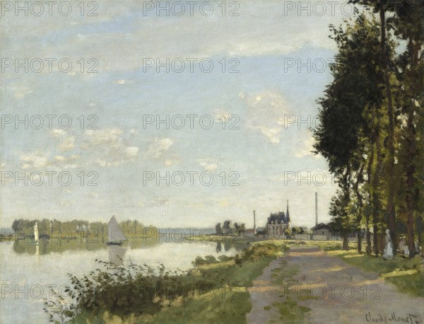 Claude Monet (b. 14 November 1840 in Paris as Oscar-Claude Monet, d. 5 December 1926) important French painter, Impressionist style. Here his work, Argenteuil (c. 1872), Argenteuil (c. 1872), A calm river with sailing boats, lined with trees and a distant building on the bank under a blue sky
