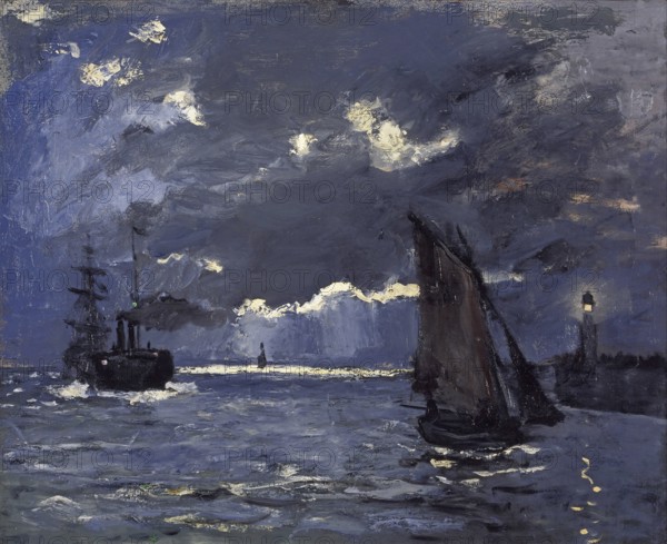 Claude Monet (b. 14 November 1840 in Paris as Oscar-Claude Monet, d. 5 December 1926) important French painter, Impressionist style. Here is his work, A Seascape, Shipping by Moonlight (1864), A Seascape, Shipping by Moonlight (1864), Dark seascape at night with ships and dramatic clouds, illuminated by a lighthouse