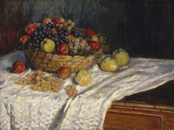 Claude Monet (b. 14 November 1840 in Paris as Oscar-Claude Monet, d. 5 December 1926) important French painter, Impressionist style. Here is his work, Apples and Grapes (1879-1880), Apples and Grapes (1879-1880), A basket of fruit on a table with a white cloth, depicted in the style of an Impressionist still life