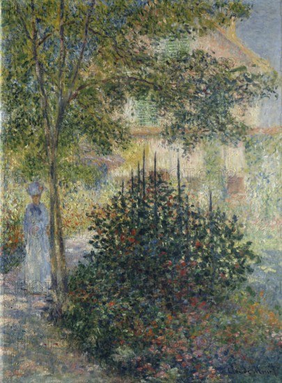 Claude Monet (b. 14 November 1840 in Paris as Oscar-Claude Monet, d. 5 December 1926) important French painter, Impressionist style. Here is his work, Camille Monet (1847-1879) in the Garden at Argenteuil (1876), Camille Monet (1847-1879) in the Garden at Argenteuil (1876), An idyllic garden with a colourful flowerbed and a hidden house