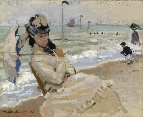 Claude Monet (b. 14 November 1840 in Paris as Oscar-Claude Monet, d. 5 December 1926) important French painter, Impressionist style. Here is his work, Camille on the Beach in Trouville (1870), Camille on the beach in Trouville (1870), Woman on the beach with parasol, relaxed atmosphere on the coast