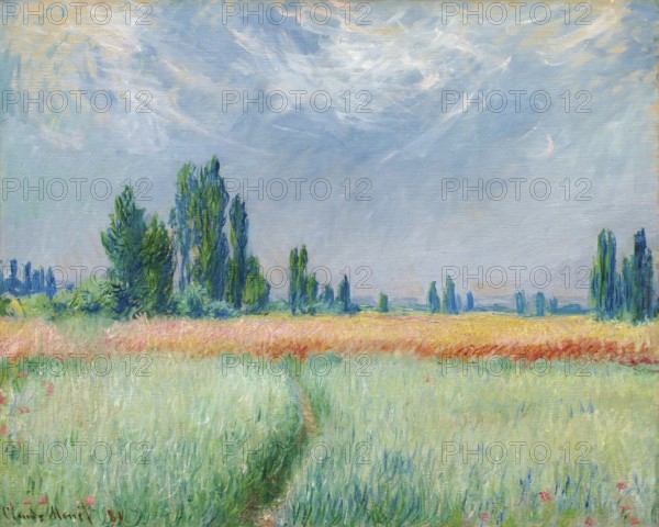 Claude Monet (b. 14 November 1840 in Paris as Oscar-Claude Monet, d. 5 December 1926) important French painter, Impressionist style. Here is his work, Champ De Blé (1881), Wheatfield, Impressionist painting of a wide meadow with trees under a blue sky