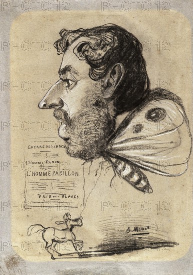 Claude Monet (b. 14 November 1840 in Paris as Oscar-Claude Monet, d. 5 December 1926) important French painter, Impressionist style. Here is his work, Caricature of Jules Didier, Butterfly Man (c. 1858), Caricature of Jules Didier, Butterfly Man (c. 1858), Surreal caricature of a man with butterfly wings and a rider on a horse