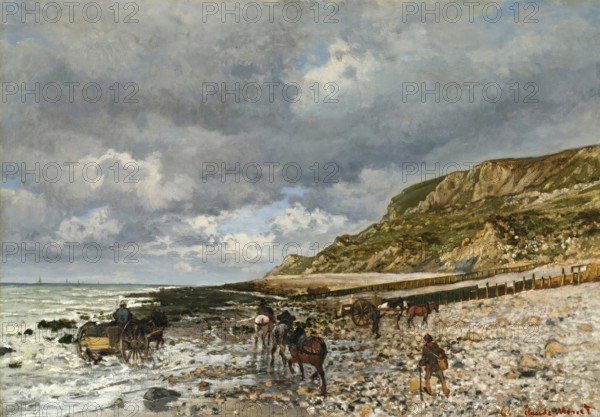Claude Monet (b. 14 November 1840 in Paris as Oscar-Claude Monet, d. 5 December 1926) important French painter, Impressionist style. Here is his work, Horses at La Pointe de la Heve (1864), Horses at La Pointe De La Heve, A stormy stretch of coastline with cliffs and people working on a rocky beach under a cloudy sky