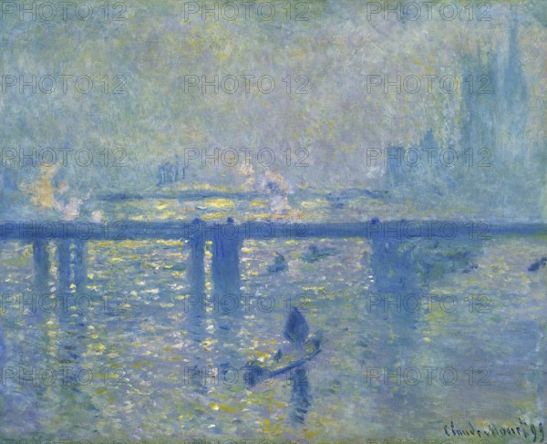Claude Monet (b. 14 November 1840 in Paris as Oscar-Claude Monet, d. 5 December 1926) important French painter, Impressionist style. Here his work, Charing Cross Bridge (1899), Impressionist painting with a bridge and boats over a shimmering river in the evening light
