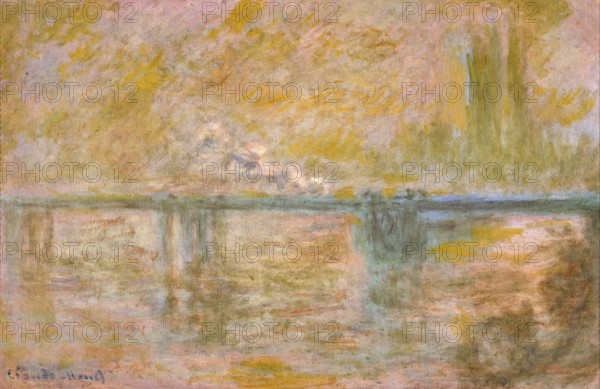 Claude Monet (b. 14 November 1840 in Paris as Oscar-Claude Monet, d. 5 December 1926) important French painter, Impressionist style. Here his work, Charing Cross Bridge in London (circa 1902), Charing Cross Bridge in London (circa 1902), Abstract depiction of a bridge over water in warm colours, with a blurred, impressionistic style