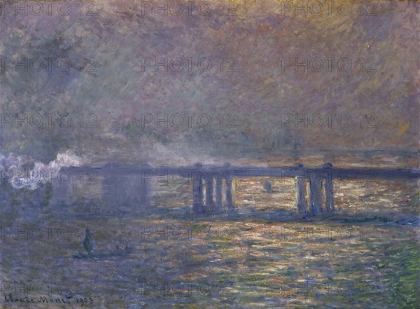 Claude Monet (b. 14 November 1840 in Paris as Oscar-Claude Monet, d. 5 December 1926) important French painter, Impressionist style. Here is his work, Charing Cross Bridge (1903), Impressionist river painting at dusk with bridge, in warm colours