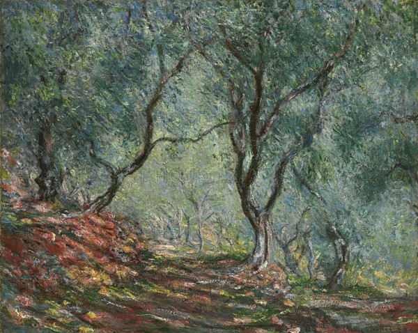Claude Monet (b. 14 November 1840 in Paris as Oscar-Claude Monet, d. 5 December 1926) important French painter, Impressionist style. Here is his work, Olive trees in the Moreno garden (1884), Olive trees in the Moreno garden (1884), Densely overgrown forest with sturdy tree trunks and colourful foliage