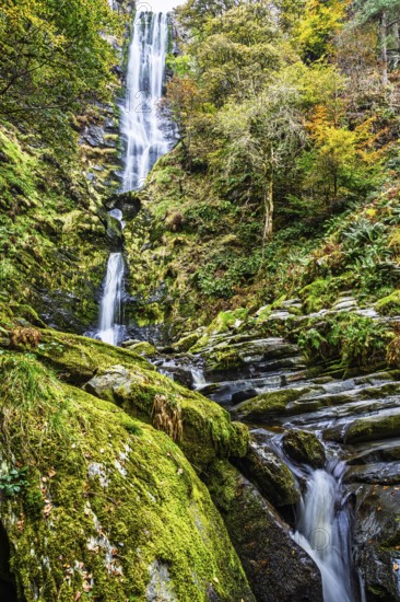 Autumn colors over Pistyll Rhaeadr Waterfall, Berwyn Mountains, Oswestry, Shrewsbury, Wales, UK