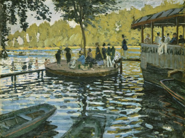 Claude Monet (b. 14 November 1840 in Paris as Oscar-Claude Monet, d. 5 December 1926) important French painter, Impressionist style. Here is his work, The Frog Pond La Grenouillère, people gather on a terrace above the water, boats can be seen in the river