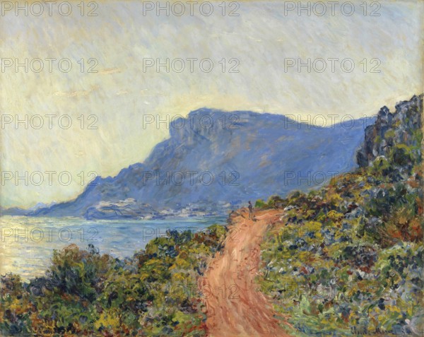 Claude Monet (b. 14 November 1840 in Paris as Oscar-Claude Monet, d. 5 December 1926) important French painter, Impressionist style. Here his work, La Corniche near Monaco (1884), La Corniche near Monaco (1884), Impressionist painting of a coastal landscape with path, sea view and hilly vegetation under a clear sky