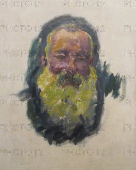 Claude Monet (b. 14 November 1840 in Paris as Oscar-Claude Monet, d. 5 December 1926) important French painter, Impressionist style. Here is his work, self-portrait, Unfinished Impressionist portrait of a man with a beard, vivid colours, focused on the face