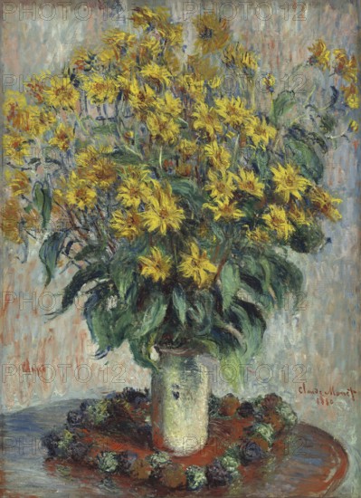 Claude Monet (b. 14 November 1840 in Paris as Oscar-Claude Monet, d. 5 December 1926) important French painter, Impressionist style. Here his work, Jerusalem Artichoke Flowers (1880), Jerusalem Artichoke Flowers (1880), vase with bright yellow flowers in Impressionist style, surrounded by a soft, textured background