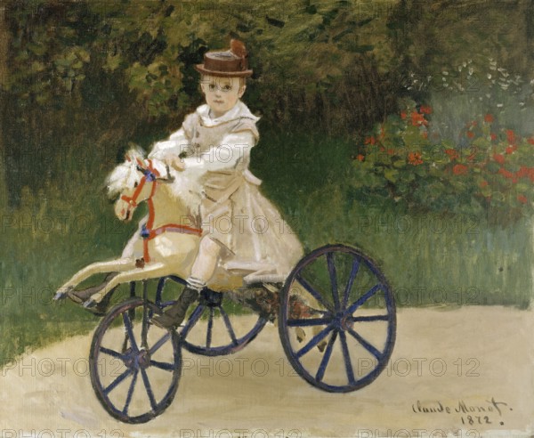 Claude Monet (b. 14 November 1840 in Paris as Oscar-Claude Monet, d. 5 December 1926) important French painter, Impressionist style. Here is his work, Jean Monet (1872), A Child with a Hat Playing on a Wooden Horse in a Flowering Garden Setting
