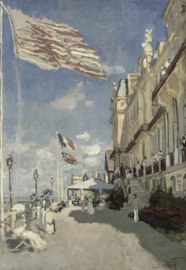Claude Monet (b. 14 November 1840 in Paris as Oscar-Claude Monet, d. 5 December 1926) important French painter, Impressionist style. Here his work, Black Rocks Hotel. Trouville (1870), Hôtel des Roches Noires. Trouville (1870), A lively seafront promenade with waving flags and impressive views of buildings