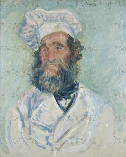 Claude Monet (b. 14 November 1840 in Paris as Oscar-Claude Monet, d. 5 December 1926) important French painter, Impressionist style. Here is his work, The Cook (Le Père Paul) Monsieur Paul (1882), portrait of a man in cook's clothes with a friendly expression against a blue background